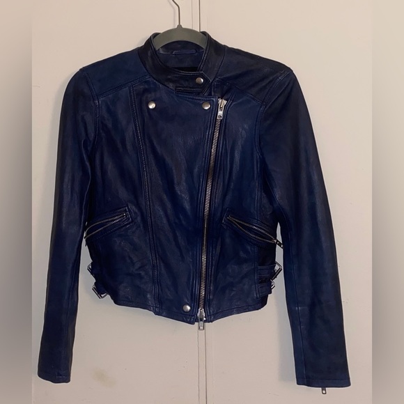 NWOT Club Monaco Collection Rowlen Zip-Front Lamb Leather Moto Jacket Blue Small - Picture 2 of 6